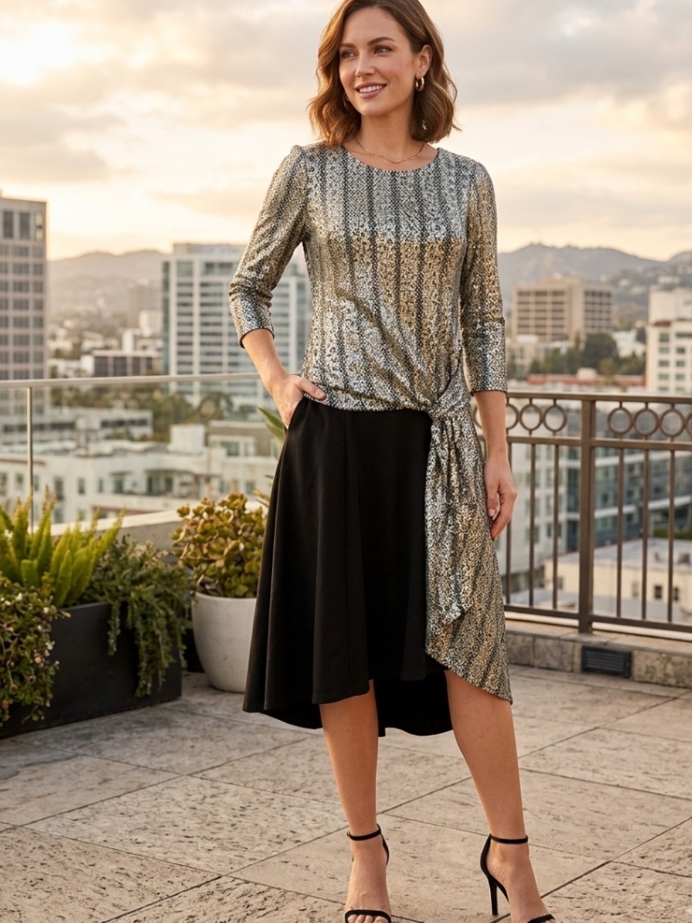 Frank Lyman Design High-Low 3/4 Sleeve Sparkling Top